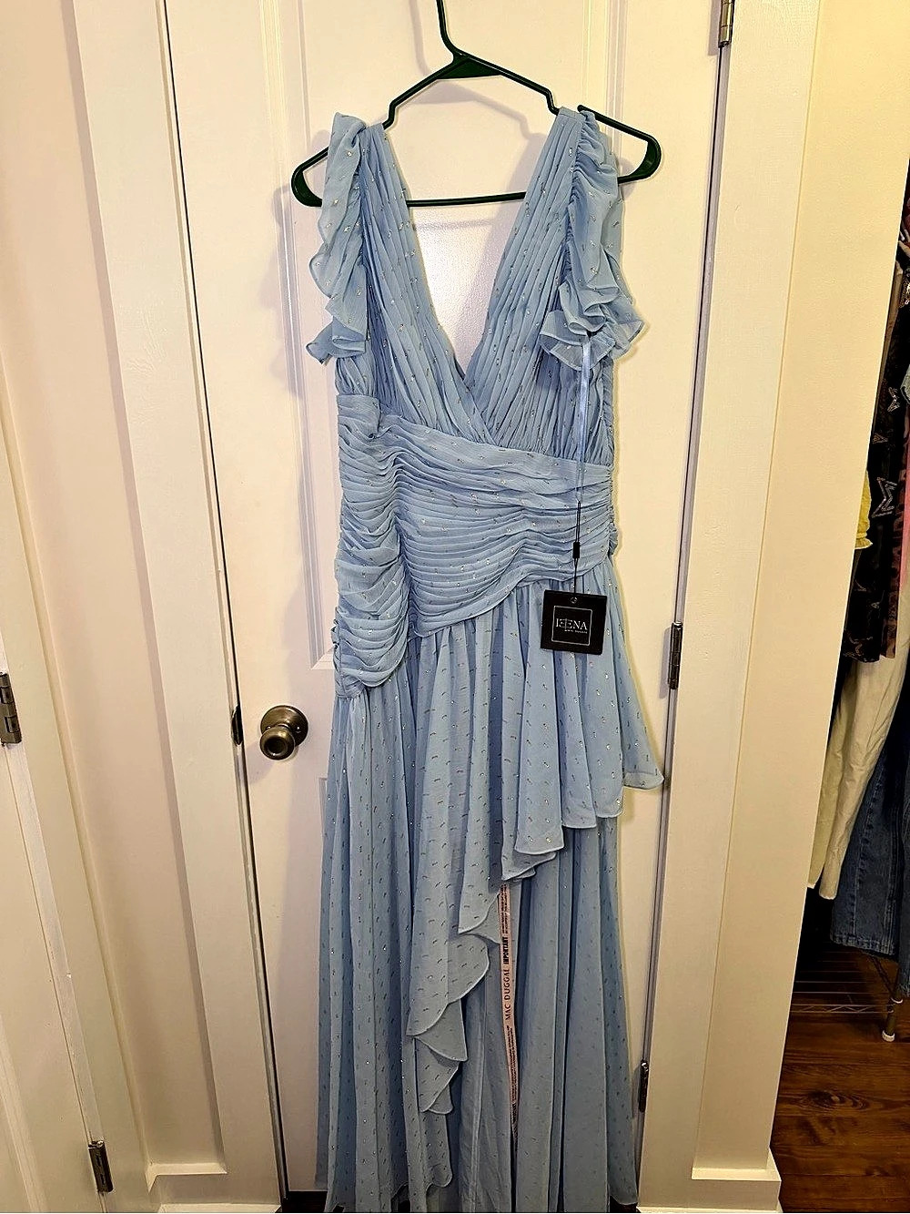IEENA by Mac Duggal Pleated Organza Gown With Ruffle Straps Blue